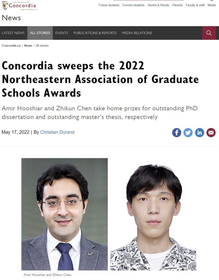 Zhikun’s award is featured by Concordia University