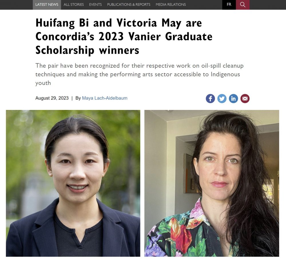 Huifang Bi was awarded 2023 Vanier Canada Graduate Scholarship
