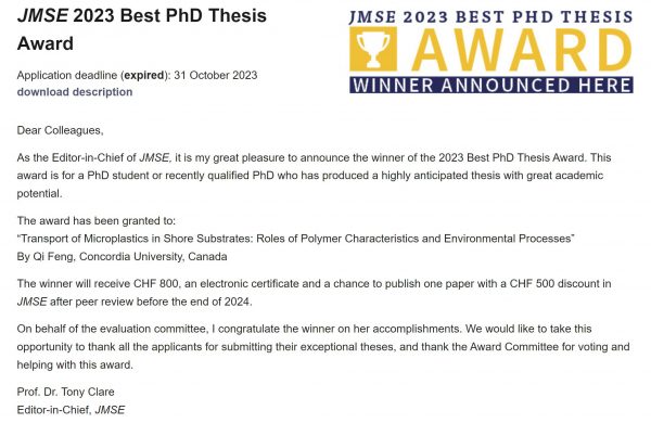 Qi Feng won JMSE 2023 Best PhD Thesis Award