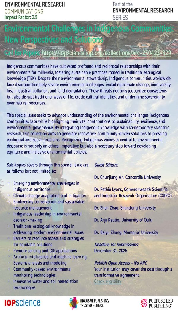Dr. An recently led a special issue “Environmental Challenges in Indigenous Communities: New Perspectives and Solutions” in ERC