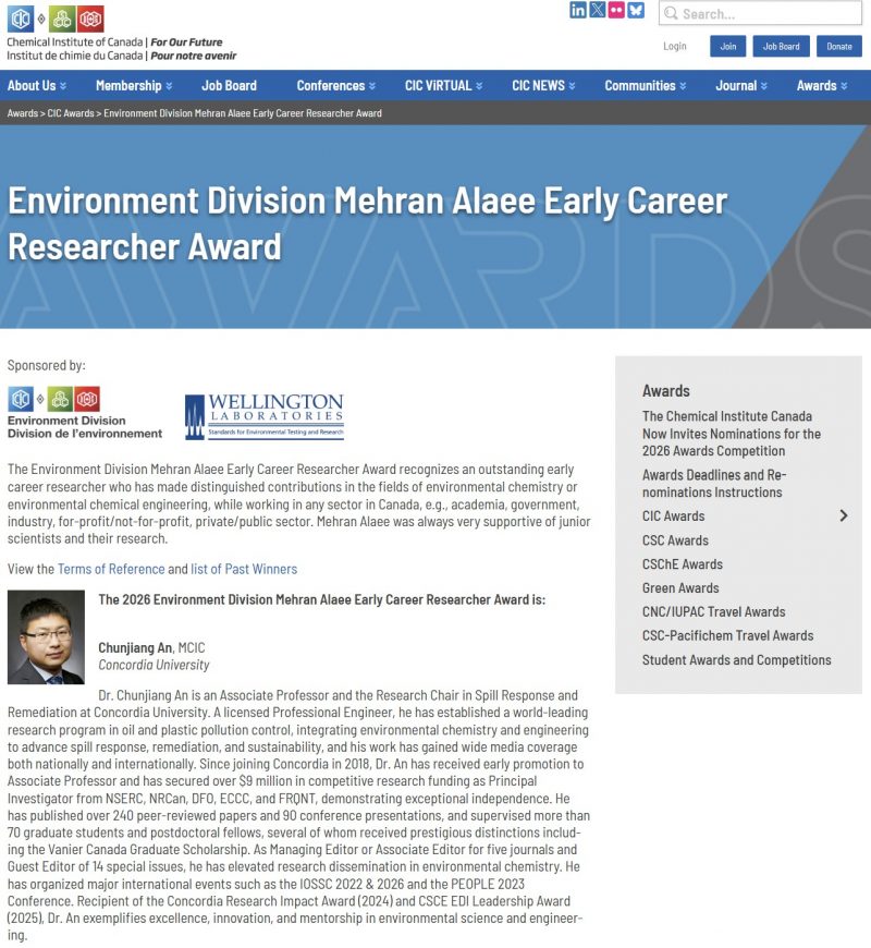 Dr. An received the received the CIC Environment Division Mehran Alaee Early Career Researcher Award 2026